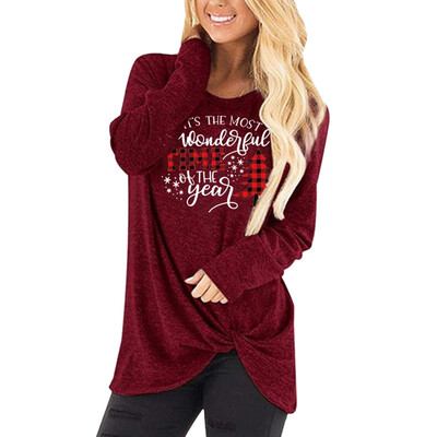 

Tailored Womens O-Neck Long Sleeve Merry Christmas Print Tie Casual Tops Blouse