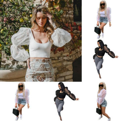 

Women Girls Mesh Sheer Crop Top Long Sleeve Transparent T-Shirt Blouse Tee Tops