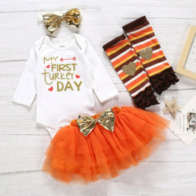 

Baby Girl First Turkey Dress Outfits 4PCs Romper Jumpsuit Cake Smash Skirt Pants