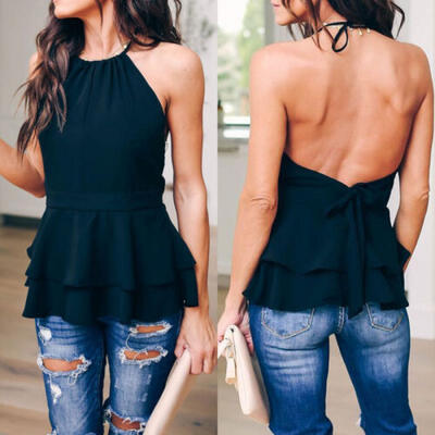 

Womens Halter Neck Blouse Sleeveless Backless Bow Tops Ladies Loose T-shirt Vest