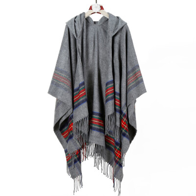 

Europe&America ladies thick color strips cashmere jacquard shawl can wear warm long fashion hooded cloak