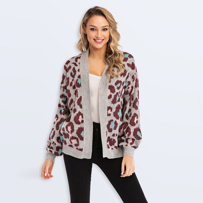 

Toponeto Fashion Women Solid Open Front Long Sleeve Leopard Coat Loose Sweater Outerwear