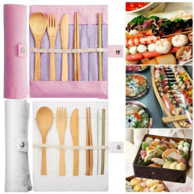 

2019 New 6 Pcs Bamboo Utensils Set Reusable Eco Friendly Portable Travel Cutlery Flatware