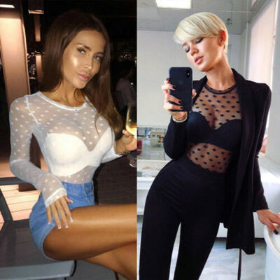 

Sexy Women Polka Dot Transparent Mesh Sheer Crop Top T-Shirt Blouse Tee Tops