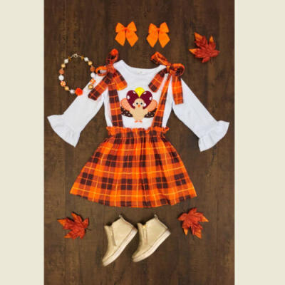 

US STOCK Baby Girls Thanksgiving Turkey Clothes TopsSuspender Skirt 3Pcs Outfit