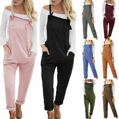 

Womens Casual Loose Linen Pants Cotton Jumpsuit Strap Harem Trousers Overalls