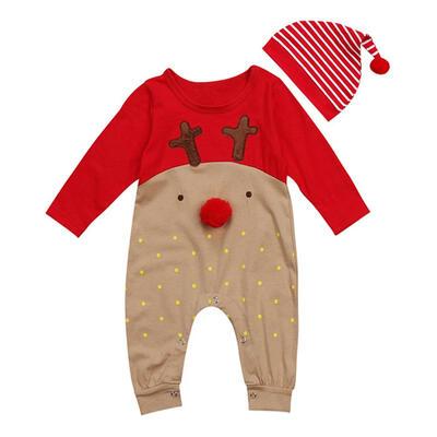 

2pcsSet Baby Cartoon Deer Christmas Fashion Splicing Color Rompers Hat