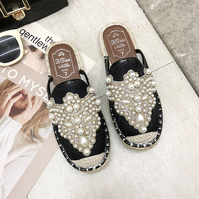 

Bean Bean Shoes Womens Korean Version Baita Water Diamond String Pearl Flat Bottom Fisherman Shoes Mesh Yarn Permeable Lefu Half
