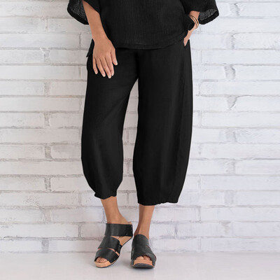 

Tailored Women Casual Solid Cotton Pants Trousers Elastic Band Loose Wide Leg Pants