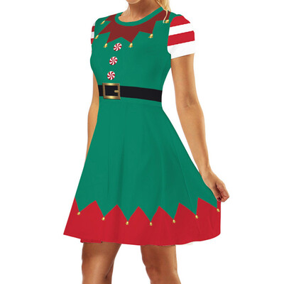 

New Fashion Xmas Women Dress Graphic Printed Dress Short Sleeve Striped Dress Female Christmas Dress