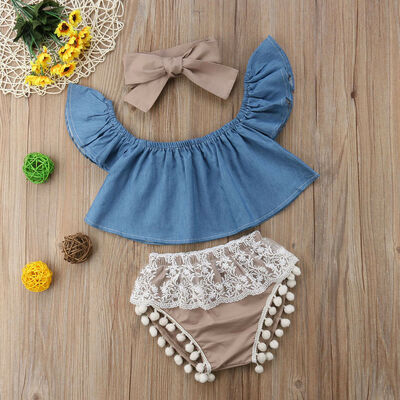

3PCS Toddler Kid Baby Girls Summer Outfits Clothes Denim T-shirt TopsShorts