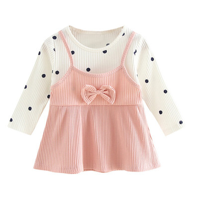 

Summer Casual Baby Sweet Girls Cute Fake 2 Piece Design Polka Dot Pattern Long Sleeve Dress Kids Toddler Pageant Sundress