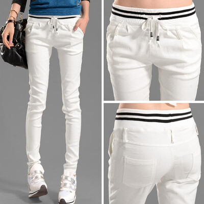 

New Fashion Women Casual Pants Elastic Waist Drawstring Slim Pencil Pants Trousers BlackWhite
