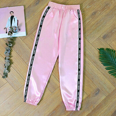 

Tailored Fashion Women Letter Pocket Elastic Waist Reflective Sport Ribbon Trousers Pants