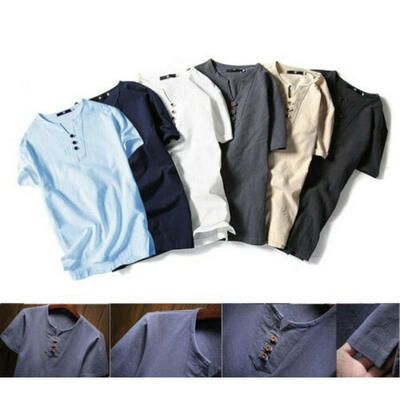 

Mens Flax Linen T-Shirt Casual V-Neck Short Sleeve Shirt Top Tee Breathable New