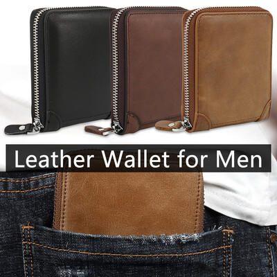 

New Mens Genuine Leather Bifold Zip-around Wallet Small Short Coin Wallet RFID Credit Card Wallet for Men