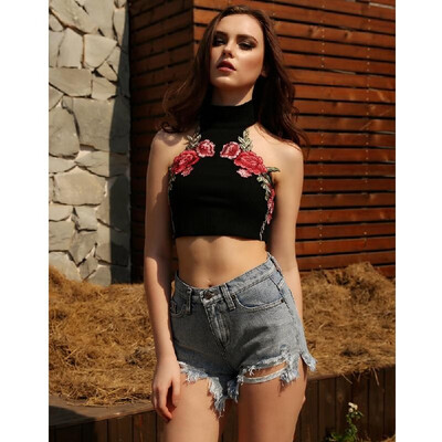 

Women Sexy Crop Top Backless Camis Halter Embroidery Nightclub Party Short Tank Top BlackWhite