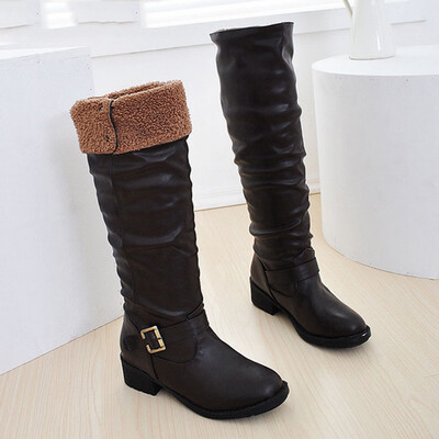 

Rose Women Ladies Retro Low-heeled Shoes Buckle Add Cotton Long Tube Knight Boots