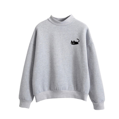 

Autumn Casual Harajuku Kawaii Black Cat Sweatshirts Cosy Women Long Sleeve Turtleneck Tops Pullover Funny Cartoon