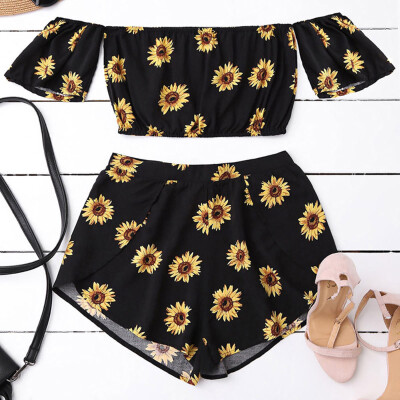 

Roseonmyhand Casual Two Piece Set Women Off Shoulder Sunflower Printed Beachwear Crop Tops