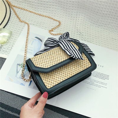 

2019 new simple contrast color woven bag fashion wild bow shoulder bag female Sen chain messenger bag