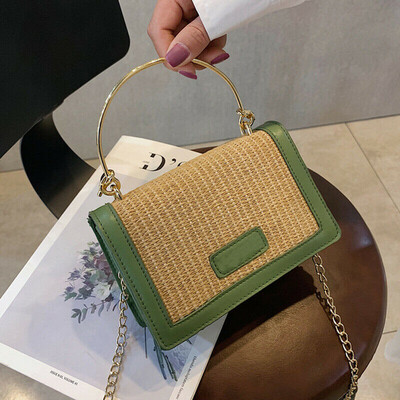 

New Style Women Handbag Small Crossbody Patchwork Chains Handbag Straw Hasp Purse Bag with Chain Shoulder Strap Fashion 2019 Hot