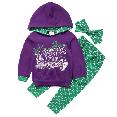 

Boutique Mermaid Kids Girls Hooded Tops Pants Outfits 3Pcs Set Clothes 2-6T