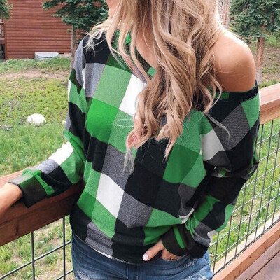 

Tailored Womens Fashion Plaid Print Shirt Cold Shoulder Long Sleeve Blouse Splice Top