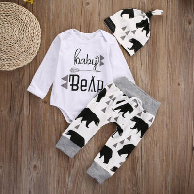 

US Cute 3PCS Set Newborn Baby Boy Romper Tops Long Pants Hat Outfits Clothes