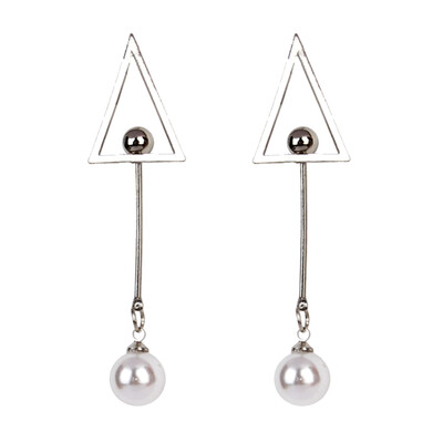 

Silver Alloy Pearl Triangle Geometric Long Drop Dangle Stud Earrings