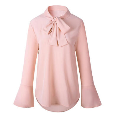 

Women Bow Tie Neck Long Sleeve Chiffon Blouse Casual Office Work Shirt Tops