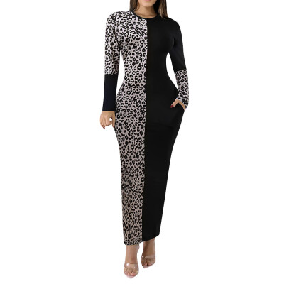 

Tailored Women Sexy Slim O-Neck Leopard Print High Waist Patchwork Long Sleeve Long Dress