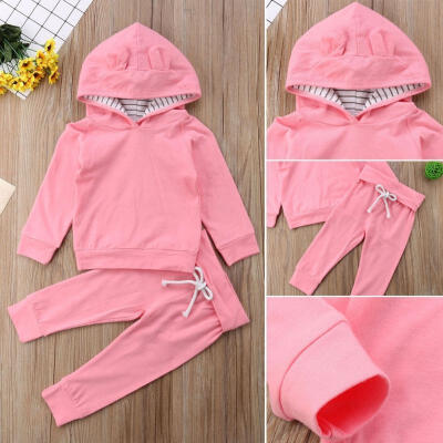 

Newborn Baby Kids Girls Pink Long Sleeve Hooded Tops Long Pants 2pcs Clothes Outfits Set