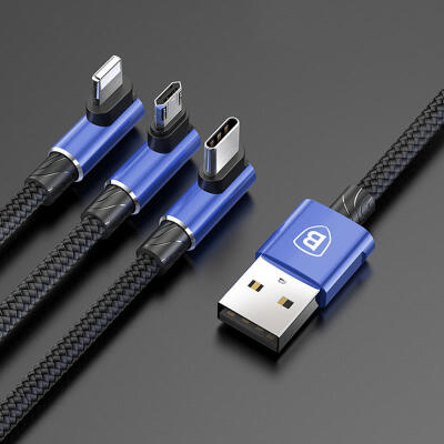 

BASEUS One Drag Three Charging Data Cable 35A 12m Elbow Type-C Lightning Micro USB Charge Wire Cable-12m