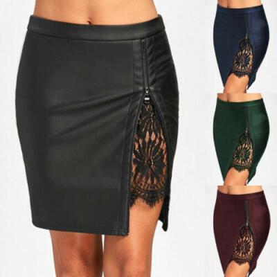 

Women PU Leather Skirt High Waist Zipper Short Mini Lace Skirt Beach Party Wear