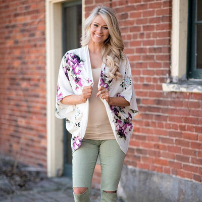 

New Women Chiffon Kimono Floral Print Casual Loose Cardigan Beach Cover-Up Outerwear White
