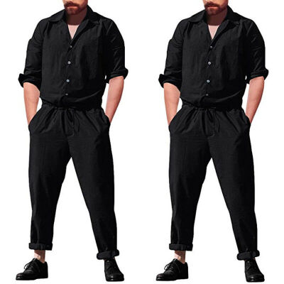 

Men Long Sleeve Solid Coverall One Piece Jumpsuits Cotton Pants Trouser Romper