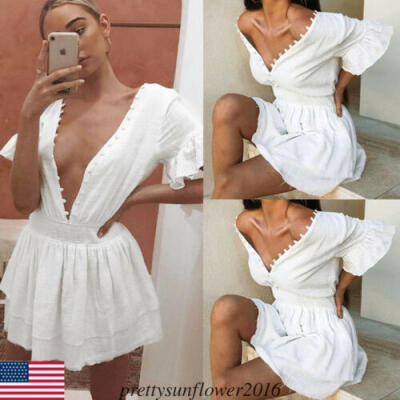 

Women V-neck Puff Sleeve Dress Ladies Boho Summer Evening Party Short Sundress