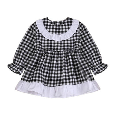 

Girls Plaid Long Sleeve High Waist A-Line Dress Cotton Princess Clothing