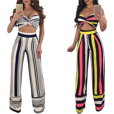 

Sexy Women Striped Two-Piece Set Off the Shoulder Backless Crop Top Wide Leg Pants High Waist Trousers