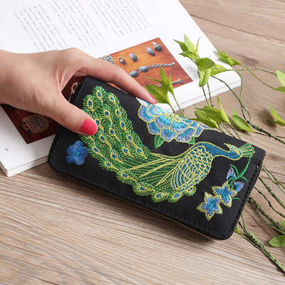 

Tailored Women Fashion Single Pull Peacock Ethnic Style Wallet Card Bag Coin Bag Black