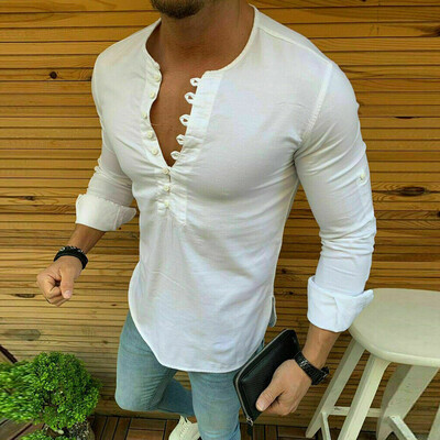 

Toponeto Mens Baggy Cotton Linen Solid Long Sleeve Retro T Shirts Tops Blouse