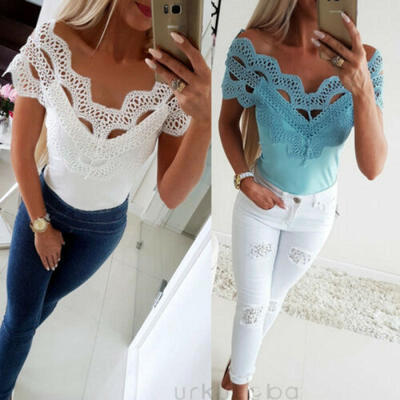 

Sexy Womens See through Lace Hollow Out Sleeveless Crop Tops T Shirt Blouse Tee
