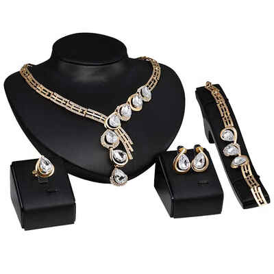 

V Shape Oval Shinning Crystal Pendants Necklace Rings Earrings Bracelet Women Jewelry Set