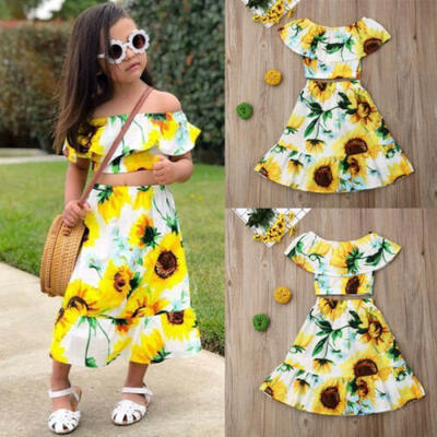

US Stock Kid Baby Girl Sunflower Crop Top Maxi Skirt Dress Outfit Summer Clothes