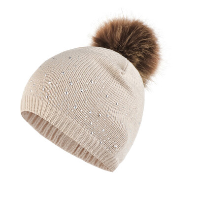 

Tailored Fashion Women Knitting Wool Hemming Hat Rhinestone Keep Warm Winter Fur Ball Cap