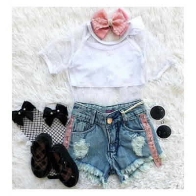

US Toddler Infant Kid Baby Girl Star Tulle Vest Tops Denim Shorts Outfit Sunsuit