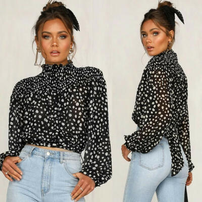 

Women Long Puff Sleeve Loose Chiffon Blouse Casual Lady Turtleneck T-Shirts Tops Dot Print Sexy Collect Waist Tops T-Shirt