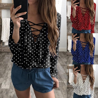 

New Womens Ladies Long Sleeve Loose Blouse Summer V Neck Casual Shirt Tops