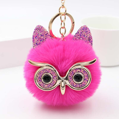 

Free Shipping Glasses Owel Charms Plush Phone Case Straps Rabbit Fur Like Key Chain Owels Poms Ball Pendant Keychains Car Keyring